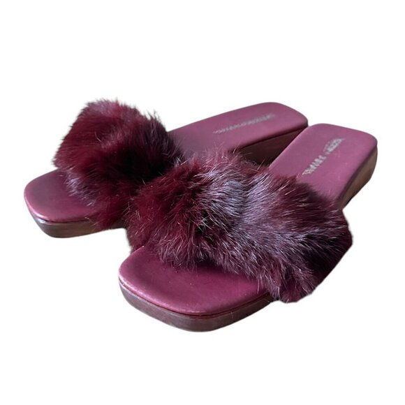 Burgundy Wine Rabbit Fur Wood Clog Slide Sandal, Size 38EU, Y2K - Picture 1 of 8